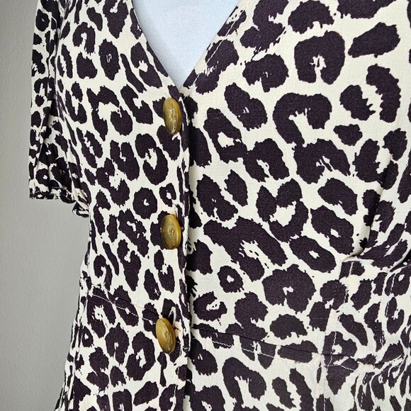 Something Navy S Leopard Print Mini Dress Short Puff Sleeve Button Animal Swing - Picture 4 of 7
